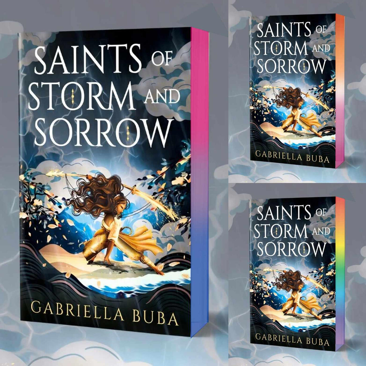 Images of 3 custom edge painted copies of Saints of Storm and Sorrow with bi flag colors, lesbian flag colors, and the rainbow flag