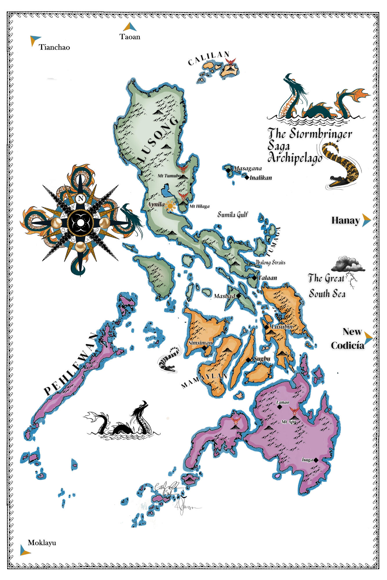 Images of 3 custom edge painted copies of Saints of Storm and Sorrow with bi flag colors, lesbian flag colors, and the rainbow flag